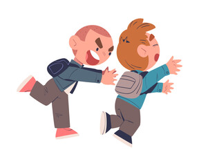 Sticker - Fighting boys. Boy being bullied by his schoolmate. Mockery and bullying at school cartoon vector illustration