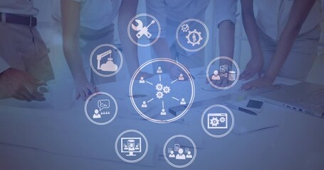 Poster - Animation of connections with icons and data processing over diverse business people