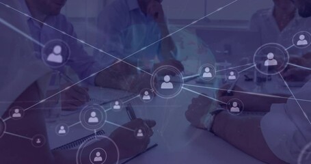 Poster - Animation of connections with icons and data processing over diverse business people