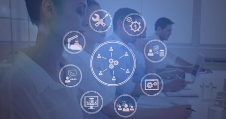 Poster - Animation of connections with icons and data processing over diverse business people