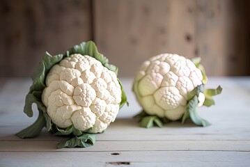 Wall Mural - On a white wooden table are two cauliflower flower heads. Generative AI