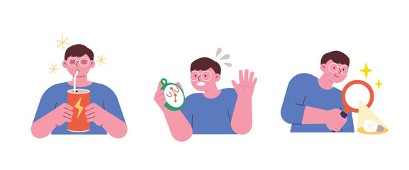 Poster - Education and Personal growth illustration. Student drinking energy drink, looking at alarm clock and looking for ideas.