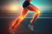 Sportswoman, Knee Pain Or Red Glow By Beach Fitness, Ocean Workout Or Sea Training In Healthcare Wellness Crisis, Generative AI	