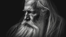 Black And White Portrait Of Old Man With Long White Hair And Wrinkles On His Wise Face. Generative AI
