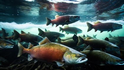 Wall Mural - School of salmon fish in shallow river water migrating upstream to spawn. generative AI