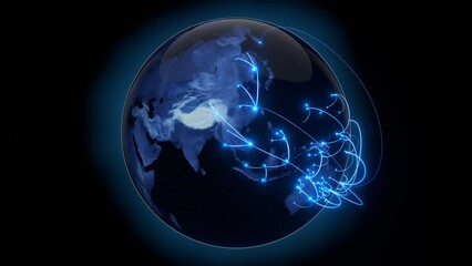 Wall Mural - Tech earth globalization in 3d animation. Global Business dots on rotating planet.