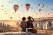 © Kafi - Two people standing on top of a hill looking at hot air balloons in the sky, Generative AI