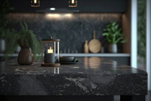 Modern Empty Dark Marble Table In A Kitchen Room On Blurry Background, Kitchen Room Interior Design, A Marble Table For Product Display, Generative AI