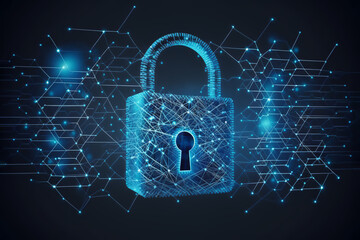 Cybersecurity concept, keylock in blue colors, binary code lock, AI generated