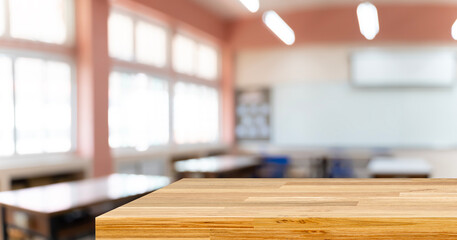 Cropped shot of wooden table and copy space in blurred study room.Empty classroom or presentation room interior with desks