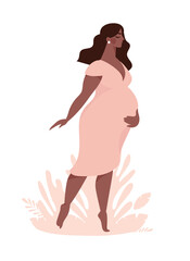 Wall Mural - Beautiful pregnant woman on a pink background with a plant, the concept of motherhood and family. Pregnancy, goods for preparation for childbirth. Modern vector banner.