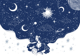 Wall Mural - Magic boho banner for astrology, tarot, zodiac. Mystical witch girl with a fortune-telling ball on a space background with the moon and stars. Modern vector poster.