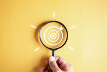 Magnifier Glass Focus To Target Objective With Idea Creative Light Bulb Icon. Planning Development Leadership And Customer Target Group Concept...
