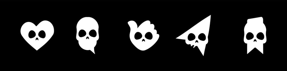 Poster - White skull icons set illustration. Like, comment, thumbs up, share and save icons in gothic style. Modern icons for social media and app. Vector isolated on black background.