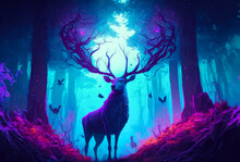 Painting Of A Deer Standing In The Middle Of A Forest, Concept Art With Vivid Color, Illustration With Painting Effect