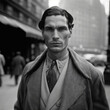 #1 1930s black & white portrait photography of a man in the streets of New York, USA