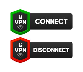 Poster - Connecting and Disconnecting VPN. Protecting personal data with VPN service. Private network, cyber security, secure web traffic, data protection. Vector illustration.