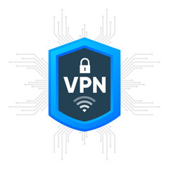 Poster - VPN shield. Protecting personal data with VPN service. Private network, cyber security, secure web traffic, data protection. Vector illustration.
