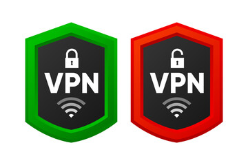 Poster - Lock and unlock shield VPN. Protecting personal data with VPN service. Private network, cyber security, secure web traffic, data protection. Vector illustration.