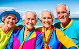 Fototapeta Londyn - Seniors in colorful costumes taking a selfie on the beach happy. Generative AI