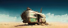 Living In Remote Destinations. An Abandoned Motor Home Or Camping Truck, In The Middle Of Dry Land Or Desert. Beautiful Blue Sky Above. Generative AI.