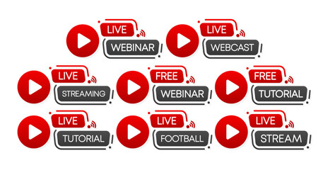 Poster - Free and live webinar play online button collection. Free webinar, stream and tutorial Icons. Red play button. Vector illustration.