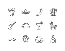 Cinco De Mayo And Day Of The Dead Line Icon Set With Mexico Related Icons