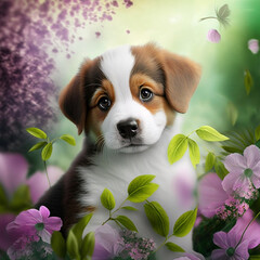 Sticker - A lovely puppy in the flowers