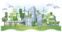 Sustainable Green City With Alternative And Ecological Power Usage Outline Concept. Modern Future Environment Without Global Warming, CO2 Pollution And Clean Climate Awareness Vector Illustration.