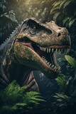 Fototapeta  - Tyrannosaurus dinosaur in the rainforest. Generative AI