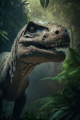 Wall Mural - Dinosaur T-rex in the jungle. Generative AI