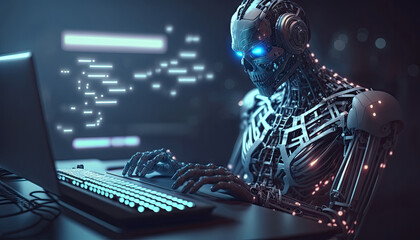 Artificial intelligence, cyborg using computer and typing keyboard, Technology in future, Writing programming codes. Generative AI.