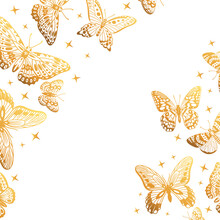 Cartoon Golden Butterflies Cover. Gorgeous Shiny Butterfly Background, Golden Butterfly Flock, Gorgeous Exotic Moths Flat Vector Backdrop Illustration