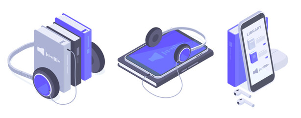 Isometric audiobooks concept. Online mobile library books with headphones, reading and e-learning 3d flat vector illustration set