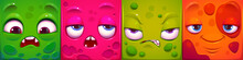 Abstract Square Monster Face Avatar With Emotions Cartoon Vector Set. Bored, Cute, Upset And Angry Alien Mood Expression Of Game Mascot. Comic User Emotional Ui Collection For Chat App.