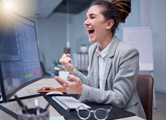 Poster - Celebration, trading and business woman celebrating successful stock market and good news in cryptocurrency. Data, success and winner employee working on growth for investment finance on a computer