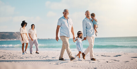 Sticker - Grandparents, parents and children walking on beach for holiday, vacation and weekend trip by sea. Travel, summer and kids holding hands with big family for adventure, journey and relaxing together