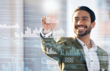 Leinwandbilder - Overlay, futuristic technology or businessman with data analytics for finance, fintech and digital analysis. Chart, holographic or happy worker with financial insights on 3d screen, board or wall