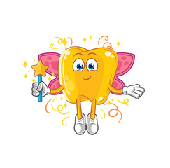 Sticker - gold teeth fairy with wings and stick. cartoon mascot vector