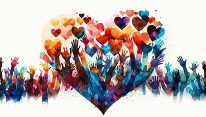 Wall Mural - Group of multicultural people with arms and hands raised towards a hand painted heart. Charity donation and volunteer work. Support and assistance, multiethnic community. Peace on earth. Generative AI