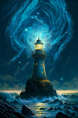 Wall Mural - Beautiful Watercolor Illustration of a Lighthouse set on a Rocky Island against a Backdrop of a Starry Night Sky, Made in Part with Generative AI