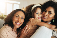 Black Woman, Mother And Daughter With Grandma In Portrait With Love, Smile And Care On Holiday Together. Happy Family, Women And Girl With Happiness, Hug And Solidarity In Home Living Room In Morning