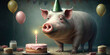 portrait of a pig at his birthday party with party hat and has a wild cake with candles, wearing a party hat, balloons and confetti.