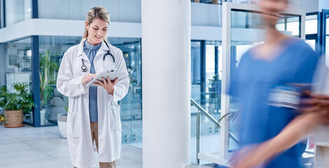 Canvas Print - Doctor, woman and tablet in hospital with motion blur, analytics and smile for results after surgery. Medic, healthcare professional and mobile touchscreen in clinic for communication on the internet