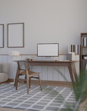 Fototapeta Panele - Cozy minimal Scandinavian home living room with workspace, computer mockup on table