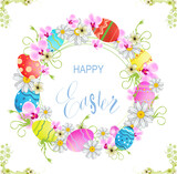 Fototapeta  - easter decoration with a wreath of flowers and easter eggs