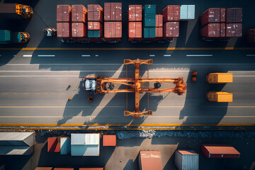 aerial view shipping containers in the terminal, Unloading containers in a warehouse on a railroad platform with cranes and forklifts