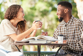 Poster - Black couple, coffee and happy outdoor on a date while studying, talking and bonding at table. Man and woman students with a drink or tea to relax, study and talk about love and care at cafe or shop