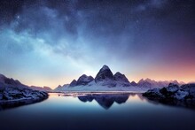 Milky Way Above Frozen Sea Coast And Snow Covered Mountains In Winter At Night In Lofoten Islands, Norway. Arctic Landscape With Blue Starry Sky,  Water, Ice, Snowy Rocks, Milky Way.. Generative AI