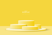 Abstract Yellow 3D Room With Set Of Realistic Yellow White Cylinder Pedestal Podium. Minimal Scene For Product Display Presentation. Geometric Forms Design. Round Stage For Showcase.